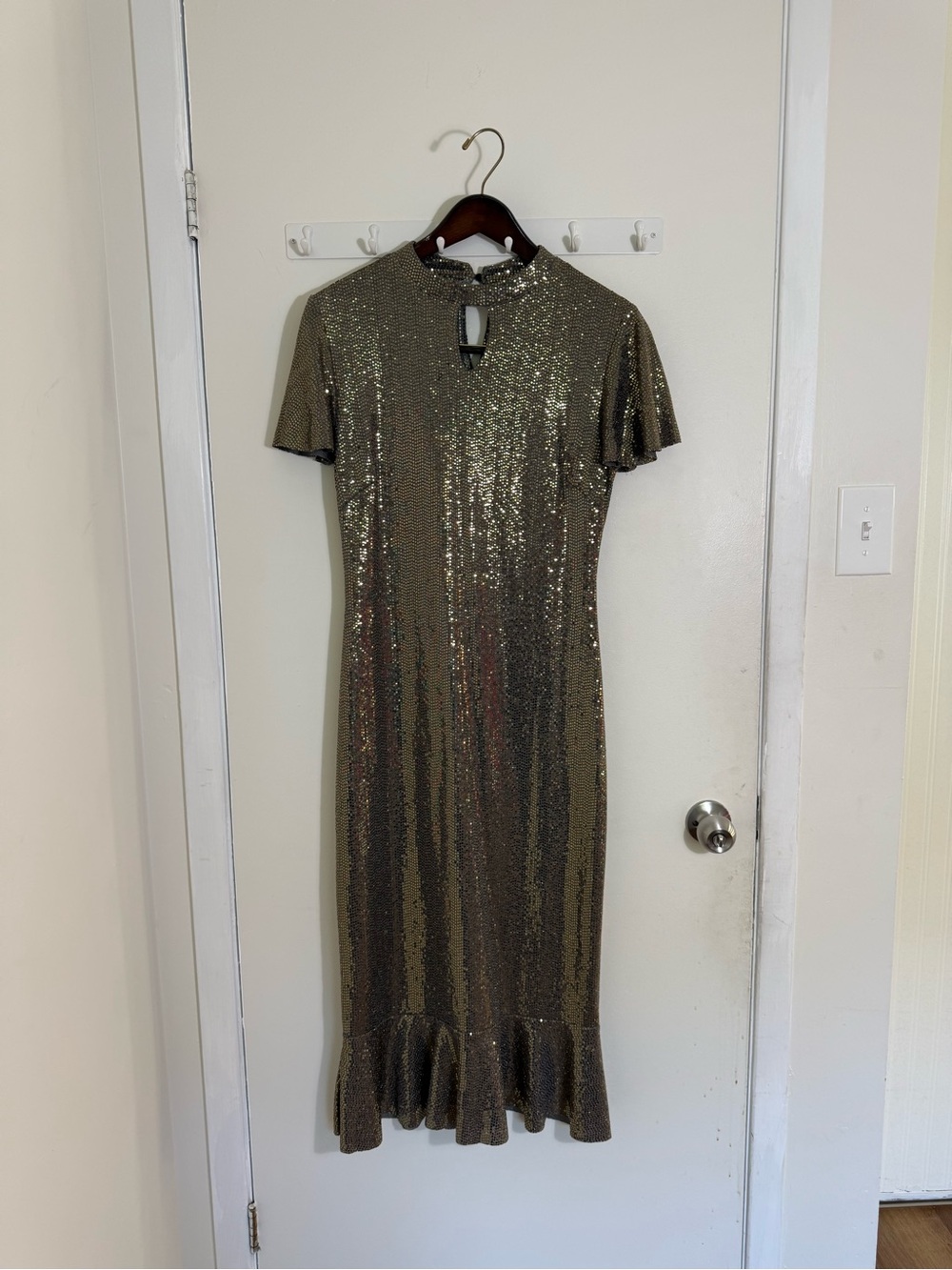Sequin Ruffle-Hem Midi Dress in Gold